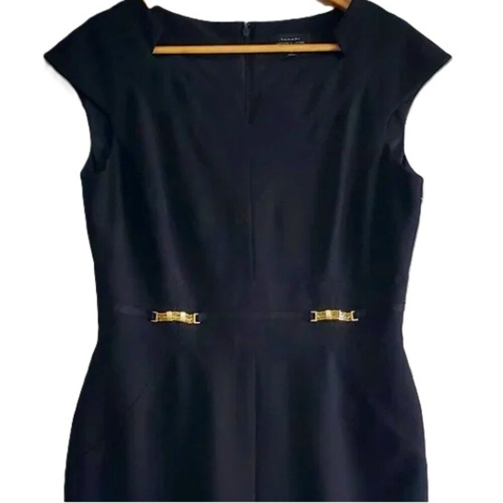 Classic Black Pencil Skirt Dress w/ Goldtone Accents Cap Sleeves Sculpted Neck